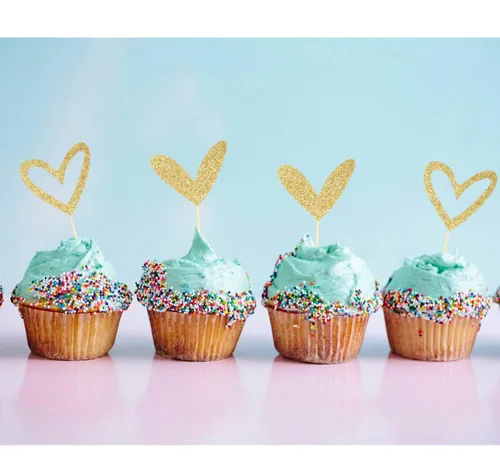 Vista 2 de 24 adornos dorados para cupcakes de corazón con purpurina dorada, diseño lindo para cupcakes para boda, novia, aniversario, baby shower, fiesta