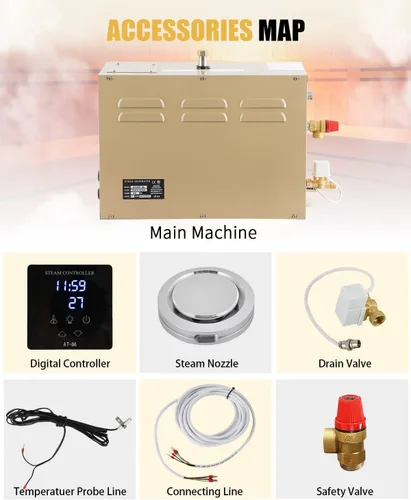 Vista 7 de CGOLDENWALL Generador de Vapor Comercial Autodrenante de 5KW Sistema de Ducha Generador de Baño de Vapor Doméstico Spa de 30 min a 12 Horas