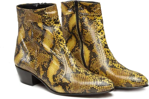 Vista 2 de Club Cubano EMMANUEL Botas de tacón cubano de piel con estampado de serpiente color amarillo
