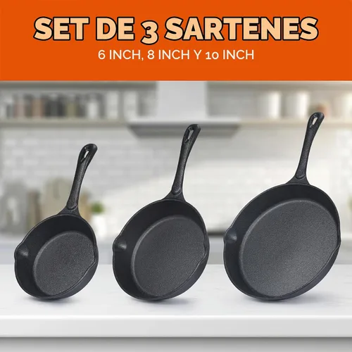 Vista 2 de Commercial CHEF Juego de sartenes de hierro fundido de 3 piezas