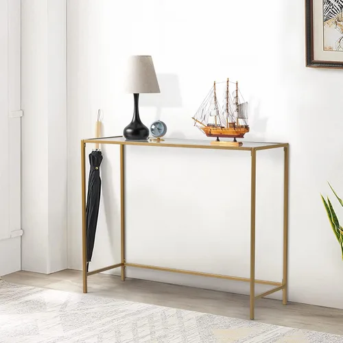 Vista 5 de Ochine Mesa de sofá de vidrio templado, mesa de entrada moderna, mesa de vidrio templado, mesa de sofá delgada detrás del sofá con marco de metal