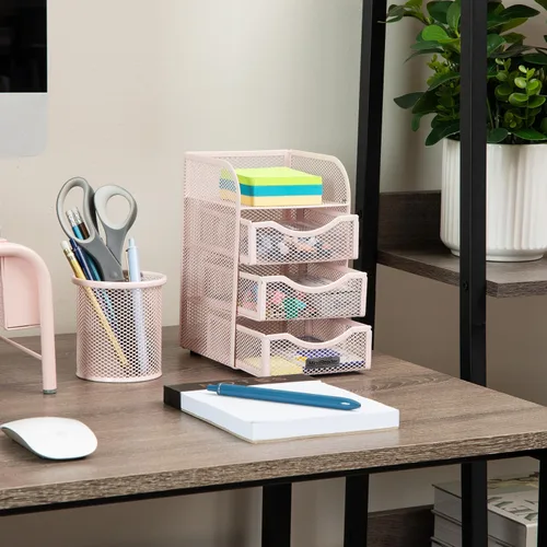 Vista 2 de Mind Reader Almacenamiento de accesorios de escritorio, cesta con clip para carpeta de papel, espacio de trabajo, oficina, malla metálica, 4.75 Rosa