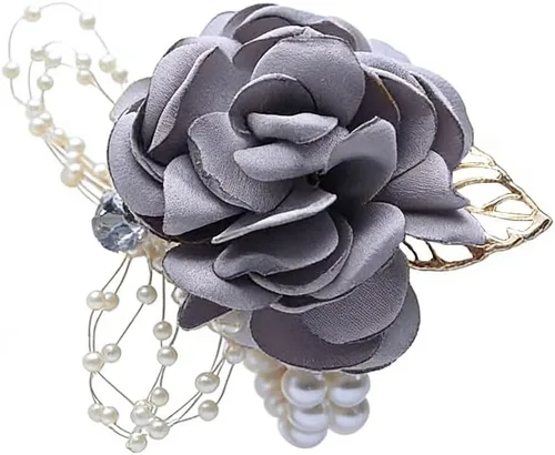 Vista 7 de Ramillete de muñeca para dama de honor para niña, flor de muñeca de seda nupcial con cuentas de perlas de imitación, pulsera elástica de hoja de oro