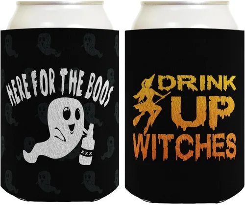 Vista 14 de Decoración espeluznante de Halloween Bebe brujas aquí para los abucheos 2 caras Paquete de 2 termoenfriadores ultra delgados para latas