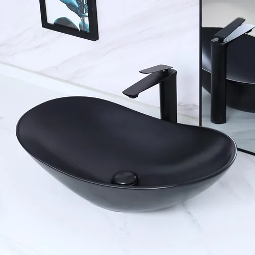 Vista 10 de Davivy Fregadero ovalado negro mate de 15.7 x 13 pulgadas con drenaje desplegable, fregaderos de baño sobre encimera, fregaderos de baño, fregaderos