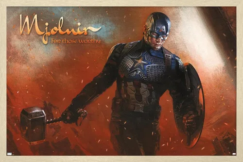 Vista 7 de Trends International Marvel: Year of The Shield - Póster de pared de Mjolnir, 22.4 pulgadas de largo x 14.7 pulgadas, versión enmarcada de madera