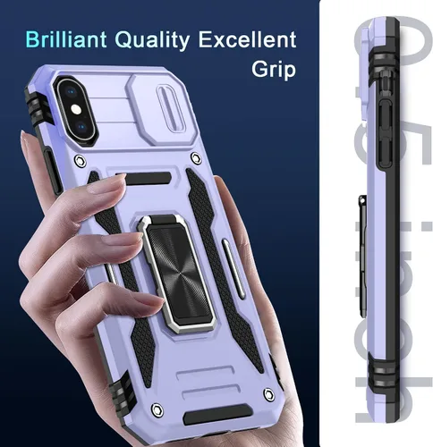 Vista 352 de DEERLAMN Funda para iPhone Xs Max con funda deslizante para cámara + protector de pantalla, soporte giratorio de anillo de grado militar a prueba
