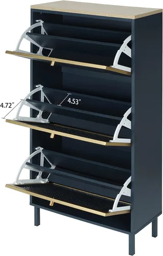 Vista 5 de ZeHuoGe Zapatero de ratán de metal con 3 cajones abatibles de metal, moderno armario de almacenamiento de 3 niveles para tacones, zapatillas