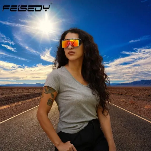Vista 3 de FEISEDY Gafas de sol deportivas de gran tamaño de los años 80, gafas de esquí con parte superior plana, visera futurista de una pieza para mujeres