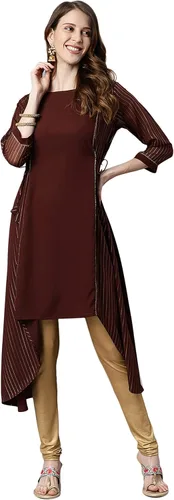 Vista 3 de Janasya Kurta de crepé polivinílico marrón indio para mujer