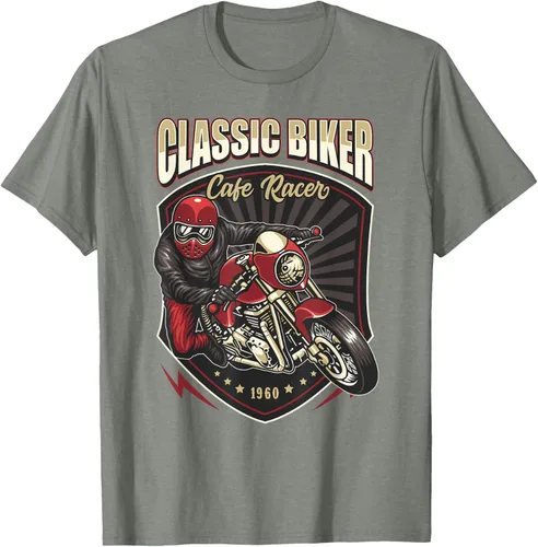 Vista 29 de Camiseta de motocicleta clásica Biker Cafe Racer para hombre, Negro, S