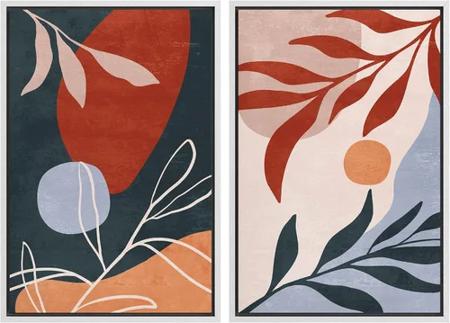 Vista 77 de SIGNFORD Lienzo enmarcado para pared, juego de arte geométrico retro de mediados de siglo, plantas forestales, ilustraciones con formas abstractas