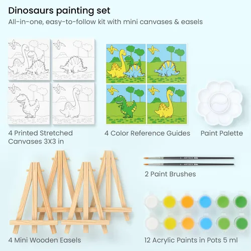 Vista 2 de ARTEZA Kids Kit de pintura de dinosaurios, 4 lienzos de 3 x 3 pulgadas, 4 caballetes, 12 pinturas acrílicas, 2 pinceles de pintura, 1 paleta