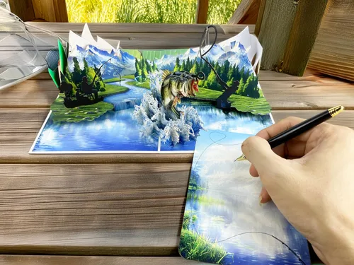 Vista 4 de Tarjeta de felicitación desplegable 3D – Tarjeta de pesca hecha a mano con lubina saltarina y lago escénico – Día del Padre, cumpleaños, jubilación