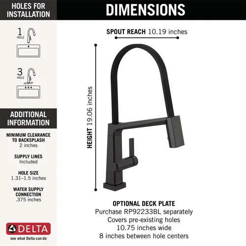 Vista 3 de Delta Faucet 9693T-BL-DST - Grifo de cocina pivotal, negro mate