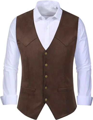 Vista 2 de Chaleco de piel de ante para hombre, estilo vintage, estilo vaquero, sin mangas, ajustado, para boda