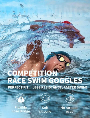 Vista 2 de Swim Goggles for Men Women – No Leak Anti-Fog UV HD Wide Vision, Racing & Swimming Goggles Black-Electroplate