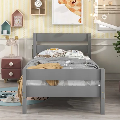 Vista 11 de Base de cama de plataforma de madera de tamaño individual con cabecera y estribo de estilo moderno, marco de cama de madera con patas de soporte