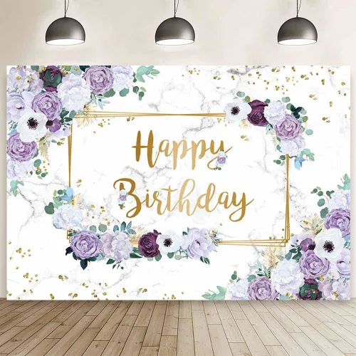 Vista 9 de MEHOFOND Telón de fondo de feliz cumpleaños de 7 x 5 pies, flores azules y blancas, fondo de fotografía de cumpleaños para niñas, puntos geométricos