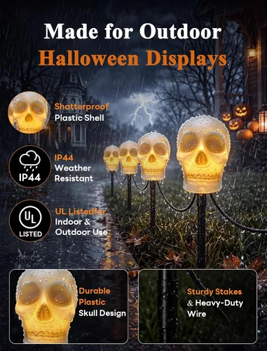 Vista 4 de Luces de estaca C7 de Halloween con calavera, 7 pies, cadena de luces de camino de Halloween con 4 bombillas C7, estaca, decoraciones de Halloween