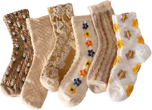 Vista 7 de Juego de 6 pares de calcetines de algodón transpirables de punto floral para mujeres y niñas