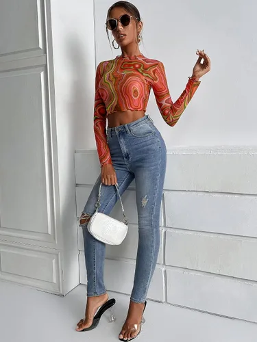Vista 5 de SheIn Blusa ajustada de malla con cuello alto falso para mujer