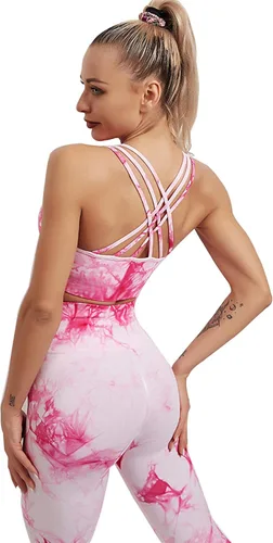 Vista 4 de YuMENo Conjuntos de entrenamiento de teñido anudado para mujer, 2 piezas, sin costuras, cintura alta, leggings de yoga con brasier deportivo, ropa