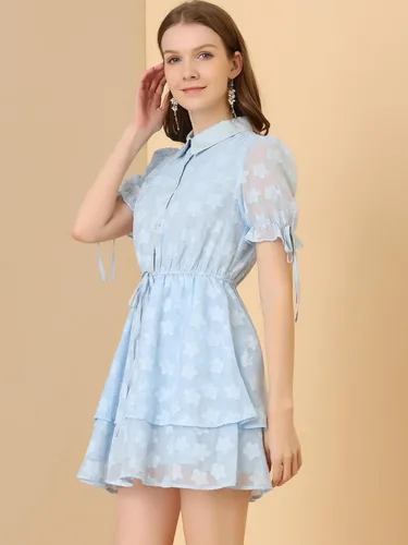 Vista 2 de Allegra K Peter Pan Collar Dress for Women's Floral Drawstring Chiffon Layered Shirt Dresses