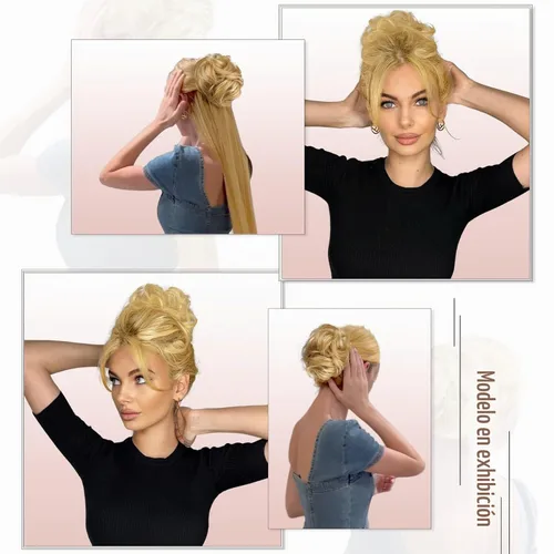 Vista 2 de RUWISS Extensiones de cabello humano real, ondulado y rizado, moño despeinado, cola de caballo para mujer (12H24# castaño rojo/rubio mediano)