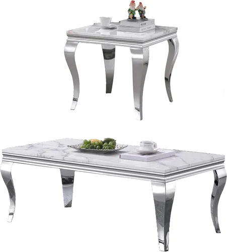 Vista 18 de SSLine Moderna mesa de centro de 1 pieza para sala de estar, mesa de centro de lujo de mármol sintético con patas de acero inoxidable en forma de S