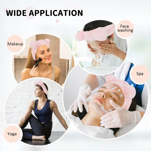 Vista 4 de WHAVEL 2 diademas de spa – Lindas diademas de maquillaje con orejas de oso para lavado facial, banda suave para el cabello facial (rosa, café)