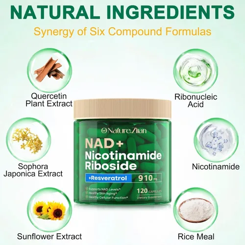 Vista 4 de O NATURE . ZIRAN Suplemento NAD - Ribosida de nicotinamida liposomal, resveratrol, quercetina, NAD nicotinamida ribósido resveratrol 900 mg