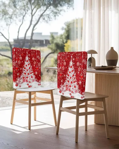 Vista 3 de Paquete de 6 fundas protectoras para sillas de comedor de Navidad, diseño de árbol de Navidad, fundas protectoras elásticas extraíbles para sillas