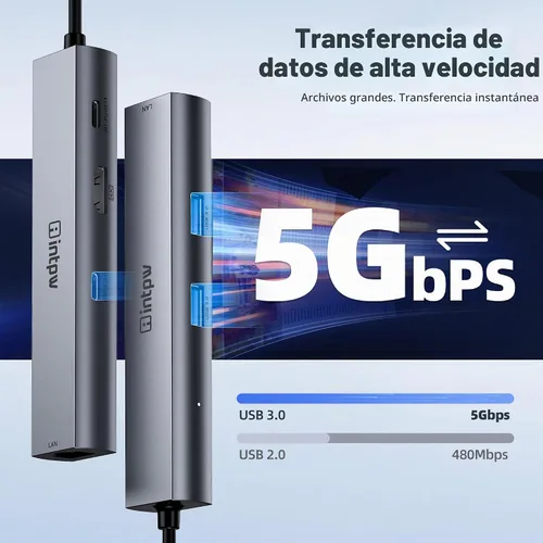 Vista 5 de Concentrador USB C, intpw 6 en 1, adaptador multipuerto USB C con HDMI 4K @60Hz, Gigabit Ethernet, 100W PD, transferencia de datos USB 3.0 de 5