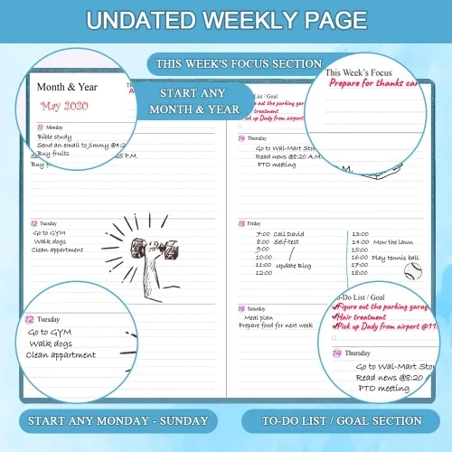 Vista 3 de Agenda sin fecha para cualquier año, planificador semanal y mensual y diario para rastrear objetivos, perfecto para organizar tu vida diaria, 5.85 x