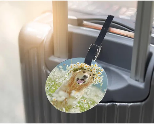 Vista 5 de TKS MITLAN Golden Retriever - Etiqueta de equipaje para maletas, mujeres, perros en la naturaleza, sentados con una corona de flores en margaritas