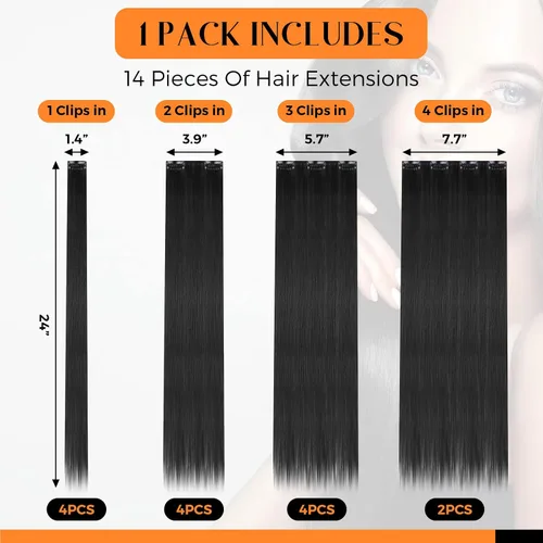 Vista 2 de Jexine 14 extensiones de cabello con clip de 24 pulgadas, extensiones de cabello largo y lacio, 9.17 oz, extensiones de cabello sintético suave