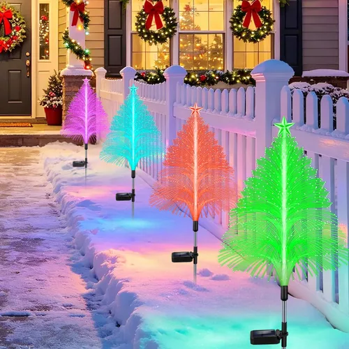 Vista 5 de ostritec Luces solares de Navidad para exteriores, paquete de 4 luces de fibra óptica para árbol de Navidad, luces solares impermeables de 5 capas