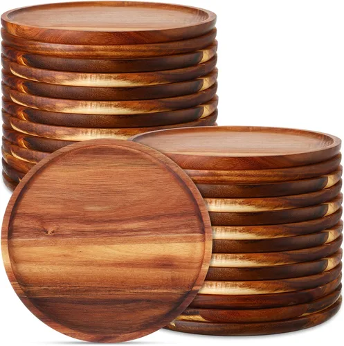 Vista 8 de Rtteri 12 piezas de platos de madera de acacia redondos para cena, vajilla de madera, bandeja de servir, fácil de limpiar, ligera, irrompible, plato