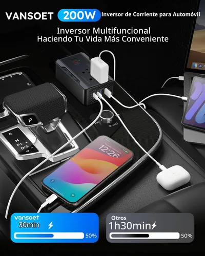 Vista 5 de Inversor de corriente de 200W para automóvil, DC 12V a 110V AC, convertidor con [PD 30W y 15W] USB C de carga rápida/3.0A, puertos de carga USB Negro