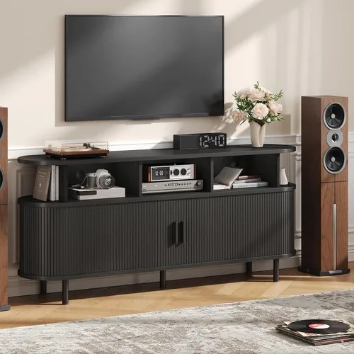 Vista 10 de Soporte redondo grande para tocadiscos de 55 pulgadas con estación de carga, gabinete de almacenamiento de discos de vinilo, soporte moderno de Negro