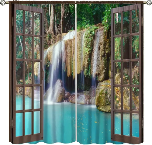 Vista 30 de Cortina opaca de bosque de verano, diseño de ramas de bosque, con bolsillo para barra, cortinas farbic con bolsillo para barra, comedor, cafetería