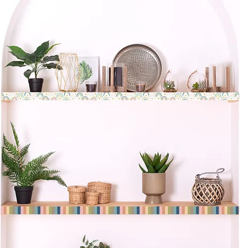 Vista 6 de Bordes bohemios de 131 pies para tablón de anuncios, para aula, corazones de arcoíris, bordes rectos, calcomanías para decoración de aula, escuela