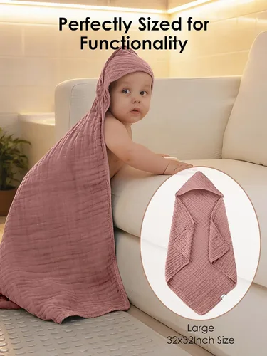Vista 2 de Toallas de baño de muselina con capucha para bebé, paquete de 3 toallas 100% algodón ultrasuaves para recién nacidos, bebés, niños pequeños, 32 x 32