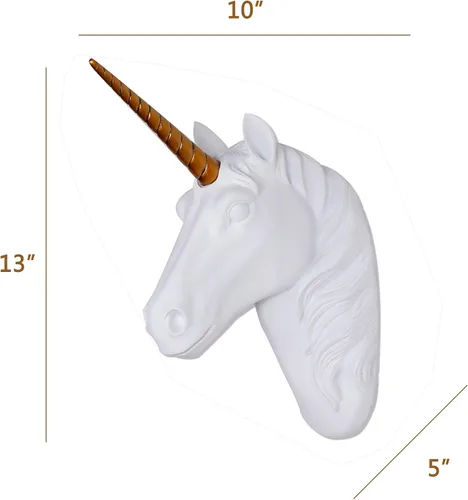 Vista 6 de Cabeza de unicornio para montaje en pared, escultura de cabeza de unicornio blanca con cuerno de oro, cabeza de animal de resina sintética