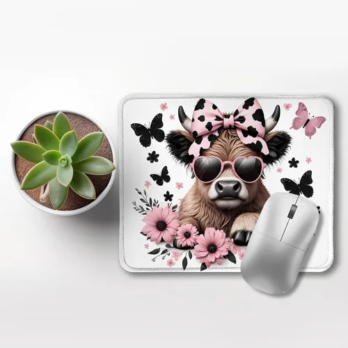 Vista 3 de Highland - Alfombrilla de mouse de vaca con lazo rosa coqueta floral para mouse inalámbricos, computadora portátil, accesorios de escritorio, 9.5 x