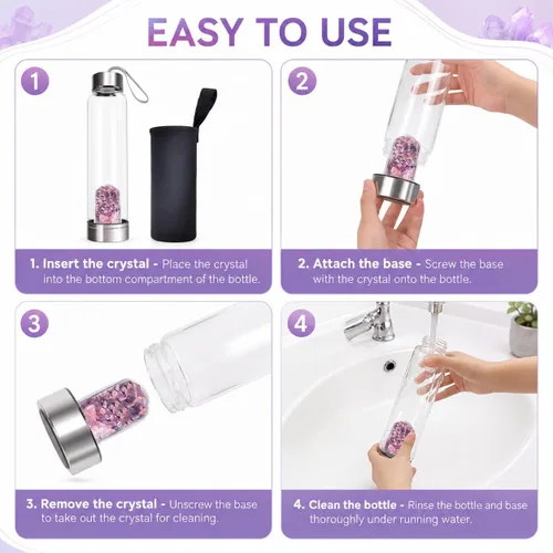 Vista 5 de ChezMax Botella de agua en cristal con centro de cristal natural intercambiable 18.6Oz, Natural Quartz Gemstone, Juice Container with Lid Sleeve