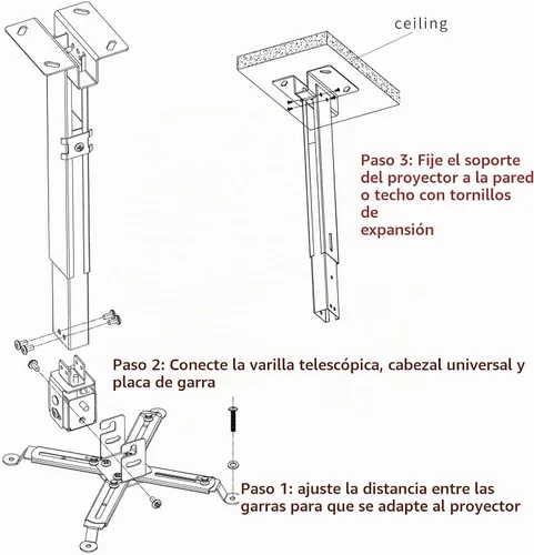 Vista 6 de Soporte de montaje para proyector de pared o techo con altura ajustable y soportes de brazos extensibles para proyector de hogar y oficina