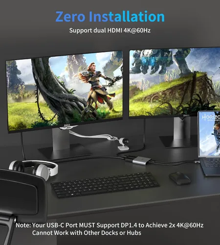 Vista 3 de Adaptador USB C a HDMI Dual 4K@60Hz, 4 en 1 USB C a HDMI Convertidor con carga PD de 100 W USB 3.0, divisor USB C a HDMI Pantalla extendida