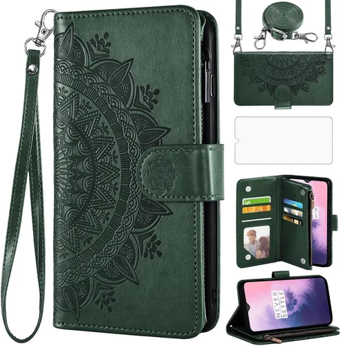 Vista 10 de Asuwish Funda de teléfono para OnePlus 7 6T Wallet Cell Cover con protector de pantalla con correa para la muñeca Mandala Flower Card Holder